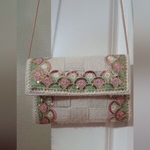 Handmade Cream Woven Crossbody w/ Pastel Sequin Embroidery – One of a Kind